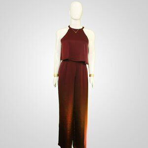 1990s Vintage Burgundy Halterneck Wide-Leg Jumpsuit